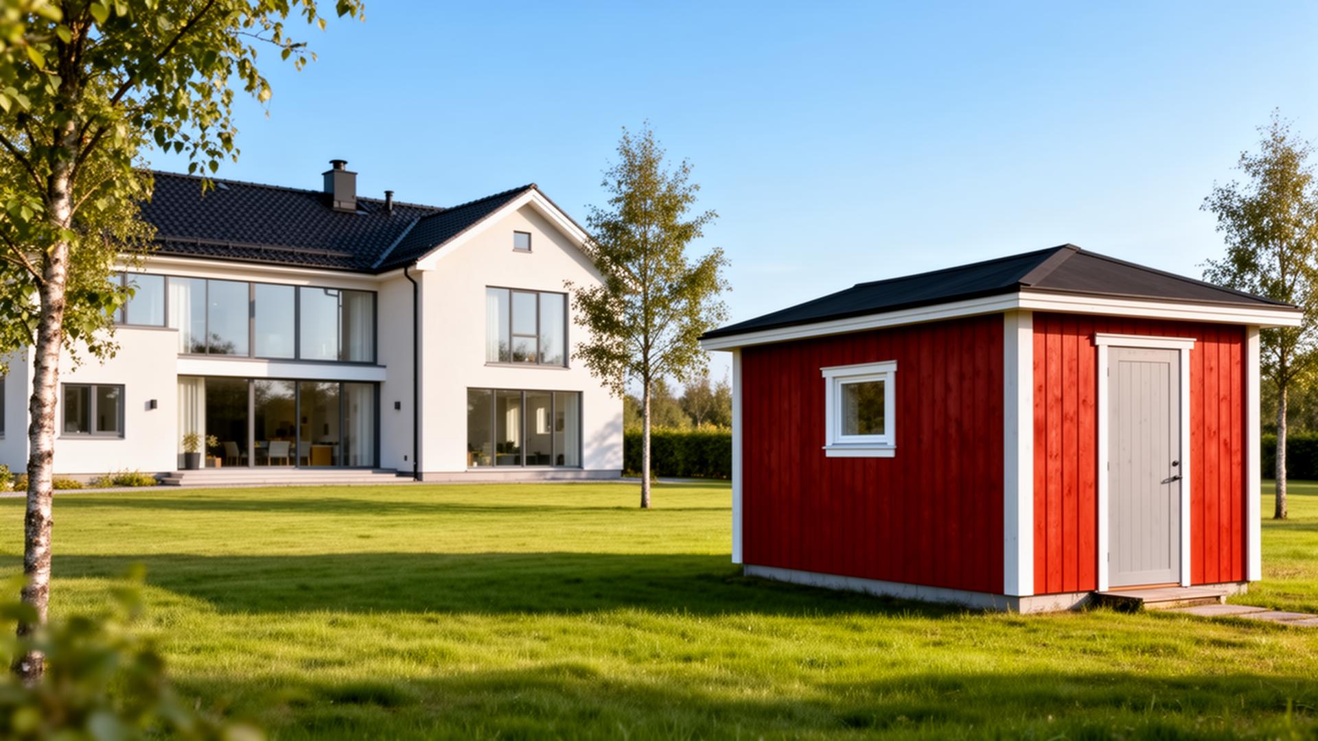 Stor villa till vänster och liten friggebod till höger på samma tomt